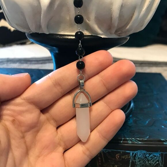 Gothic Black Bead Necklace, Silver Tone Moon, White Crystal, Long Length - Picture 4 of 6